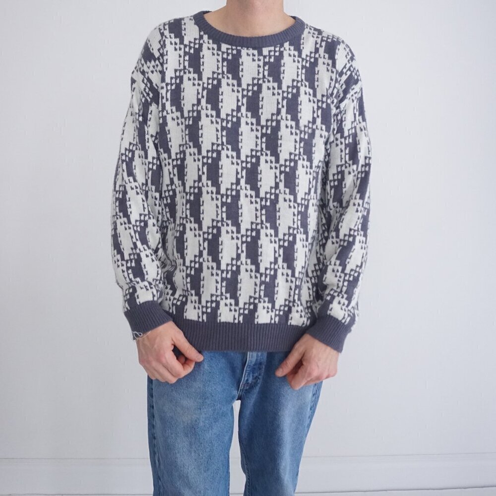 Vintage '90S Capricorn Gray White Artsy Eclectic Grandpa Crewneck Sweater Large